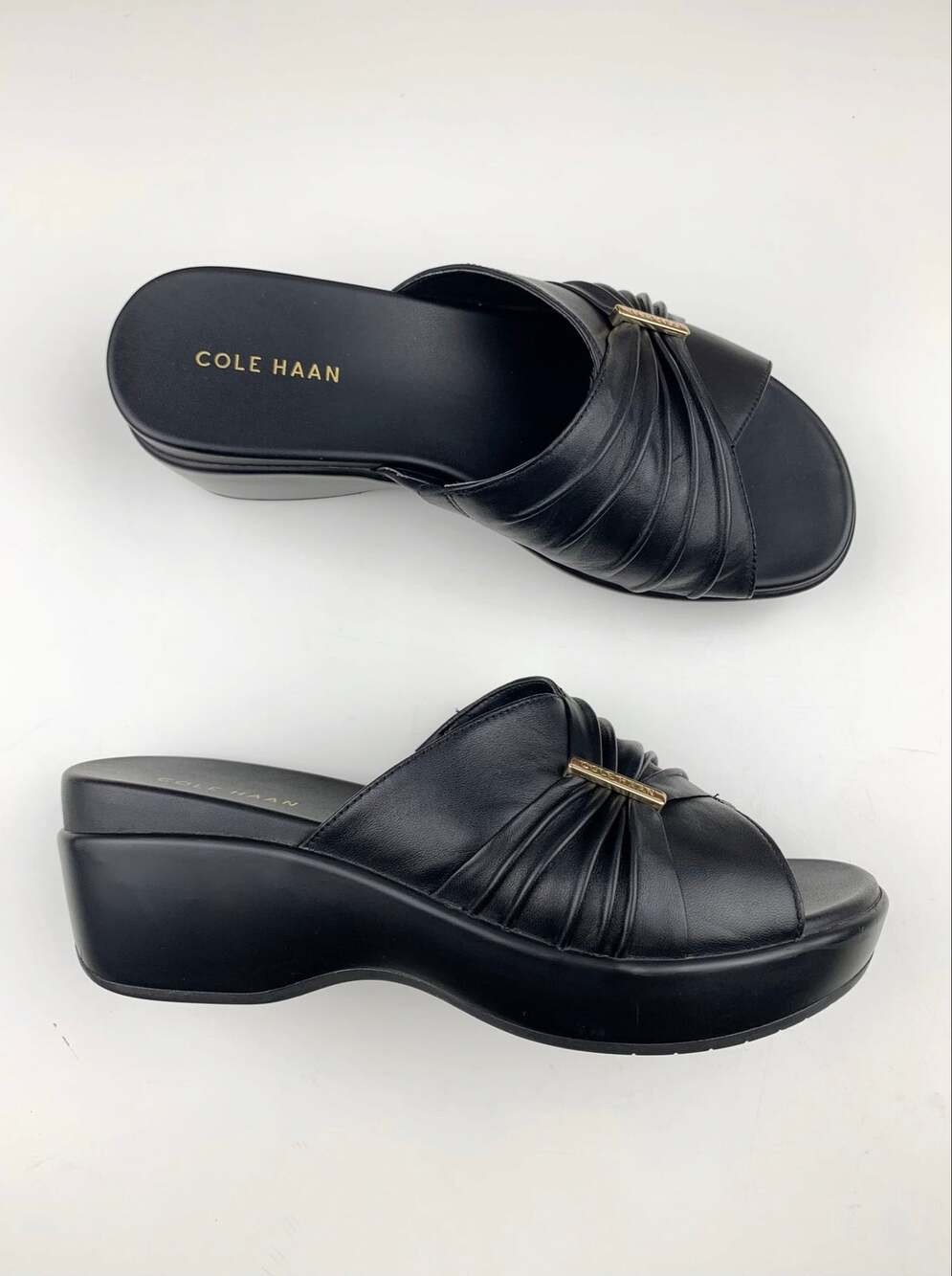 Cole Haan Aubree Grand Ruched Slides Sandals Platform Black Leather Women's 6.5